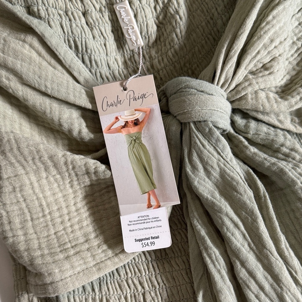 Charlie Paige Sage Green Strapless Tie-Front Jumpsuit